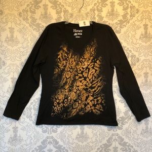 Hanes Live Love Color Gold Animal Print Black Tee